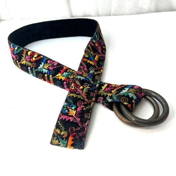Embroidered Velvet Brass Belt Hippy Boho Groovy Belt Size SMALL 70s 80s Groovy - Picture 2 of 7
